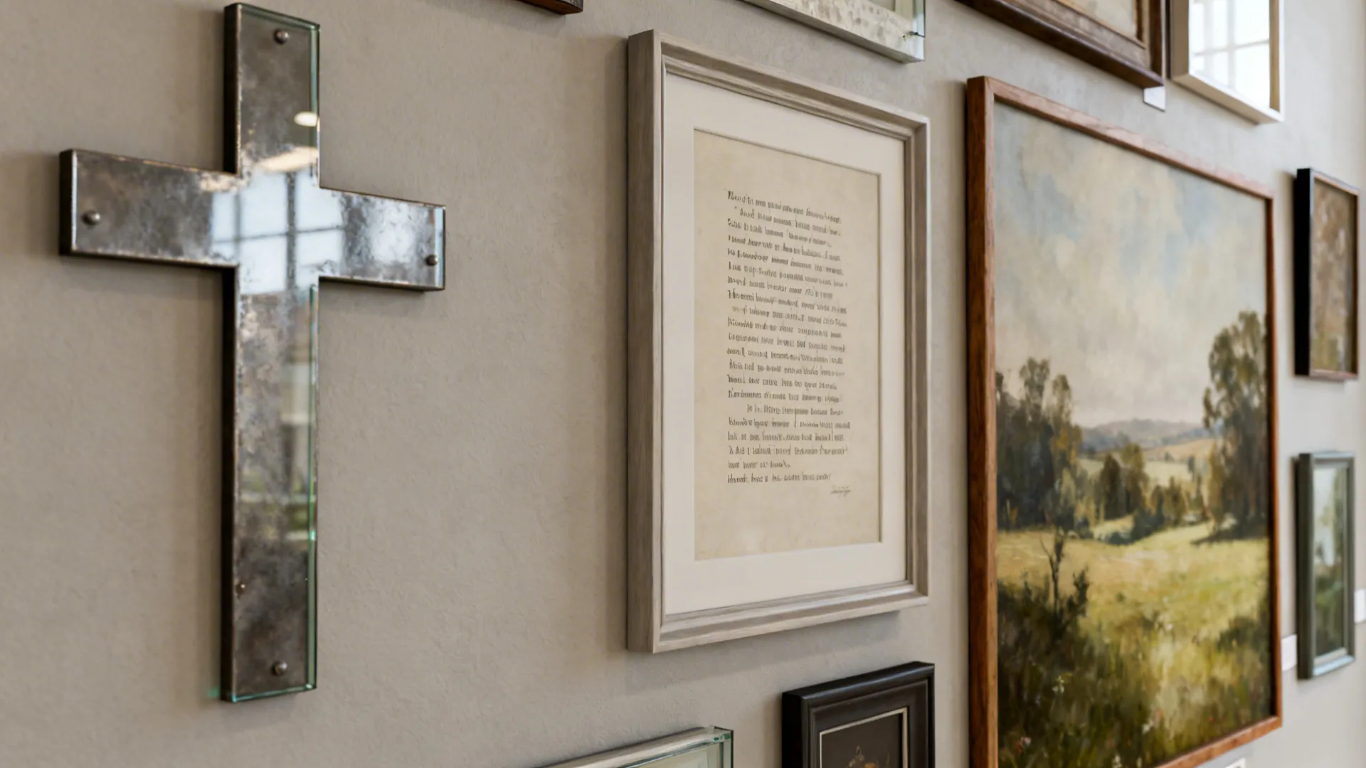 Curated gallery wall with a metal cross, framed hymn lyric, and pastoral print in a muted palette.