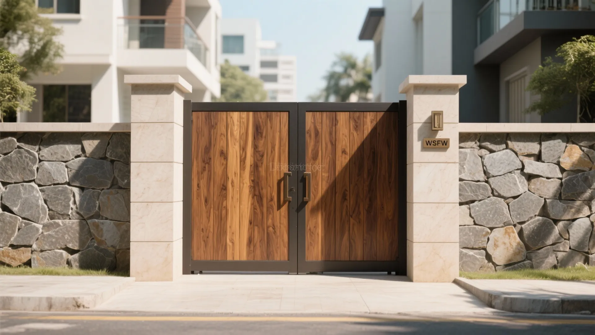 Wood and metal gate with stone wall and white pillars in a modern outdoor setting