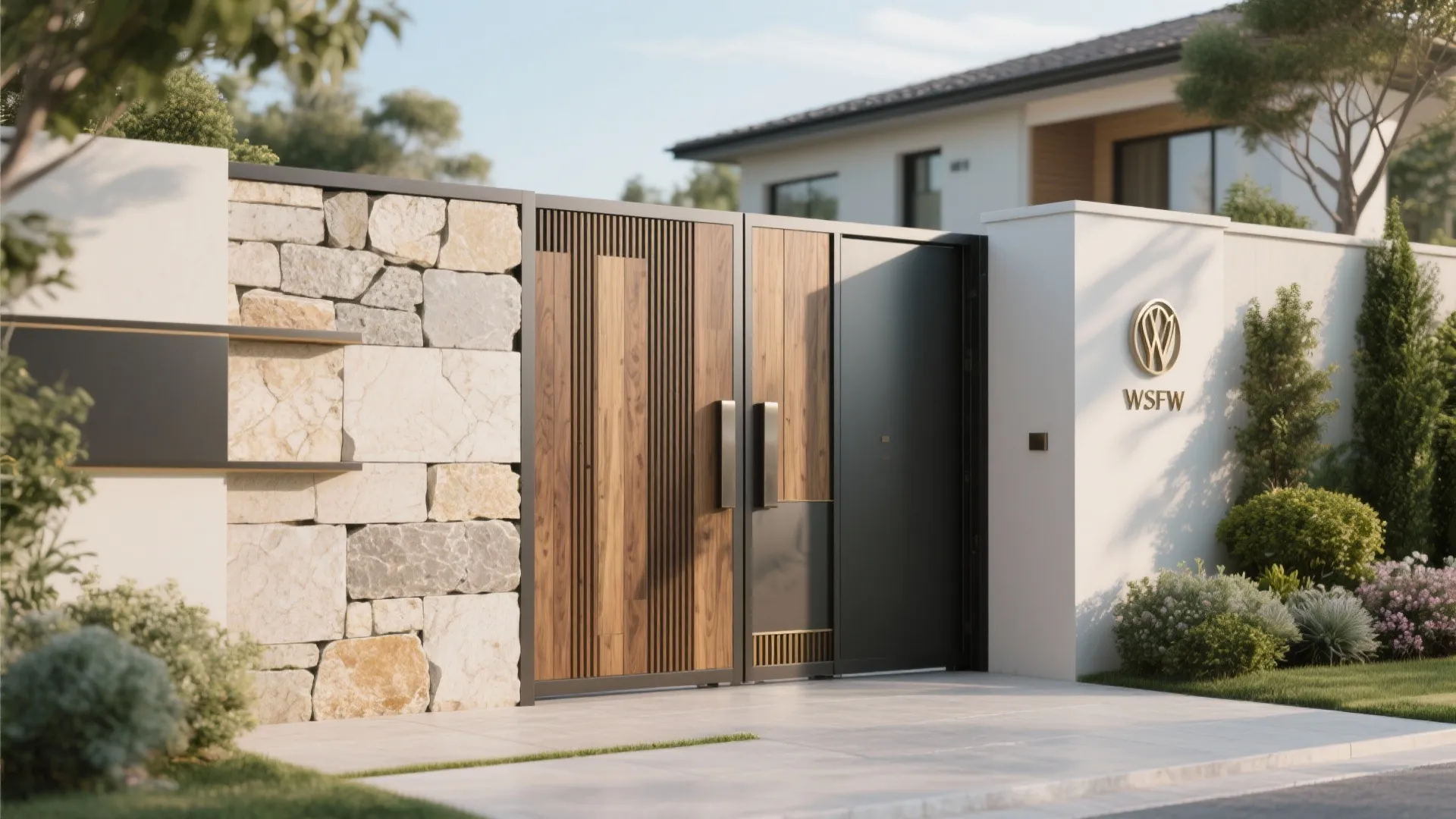 Entrance gate made of wood and black metal next to a natural stone wall design