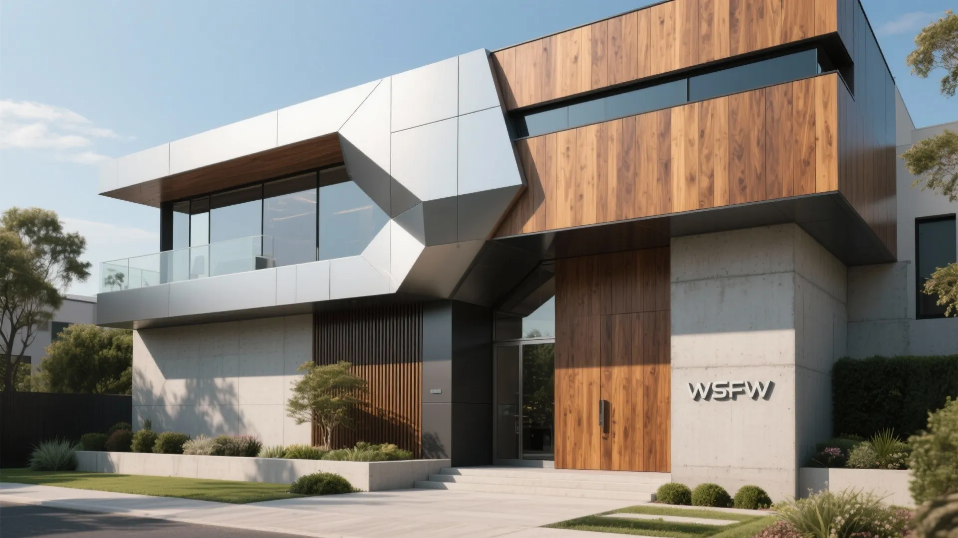 Contemporary two story house with wood panels grey metal details concrete walls and green garden plants