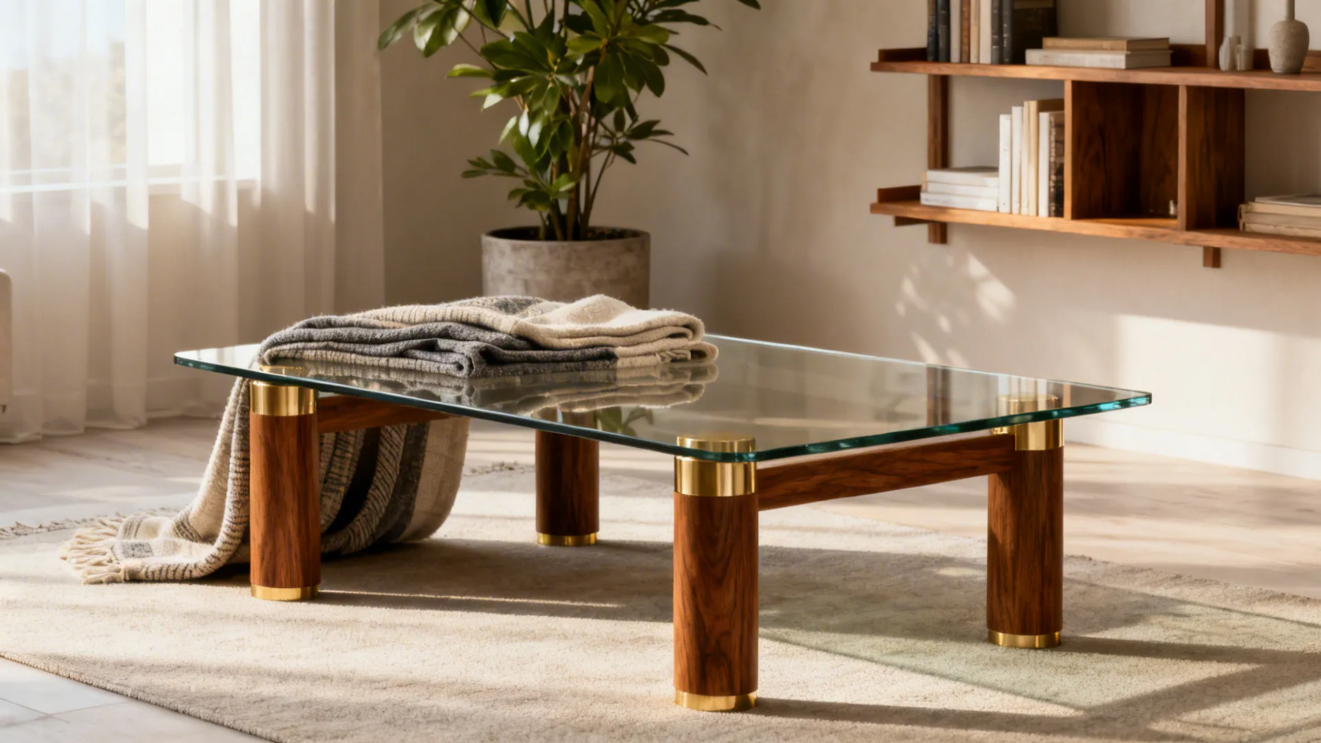 Clear glass top coffee table with walnut legs and brass details in a Scandinavian living room.