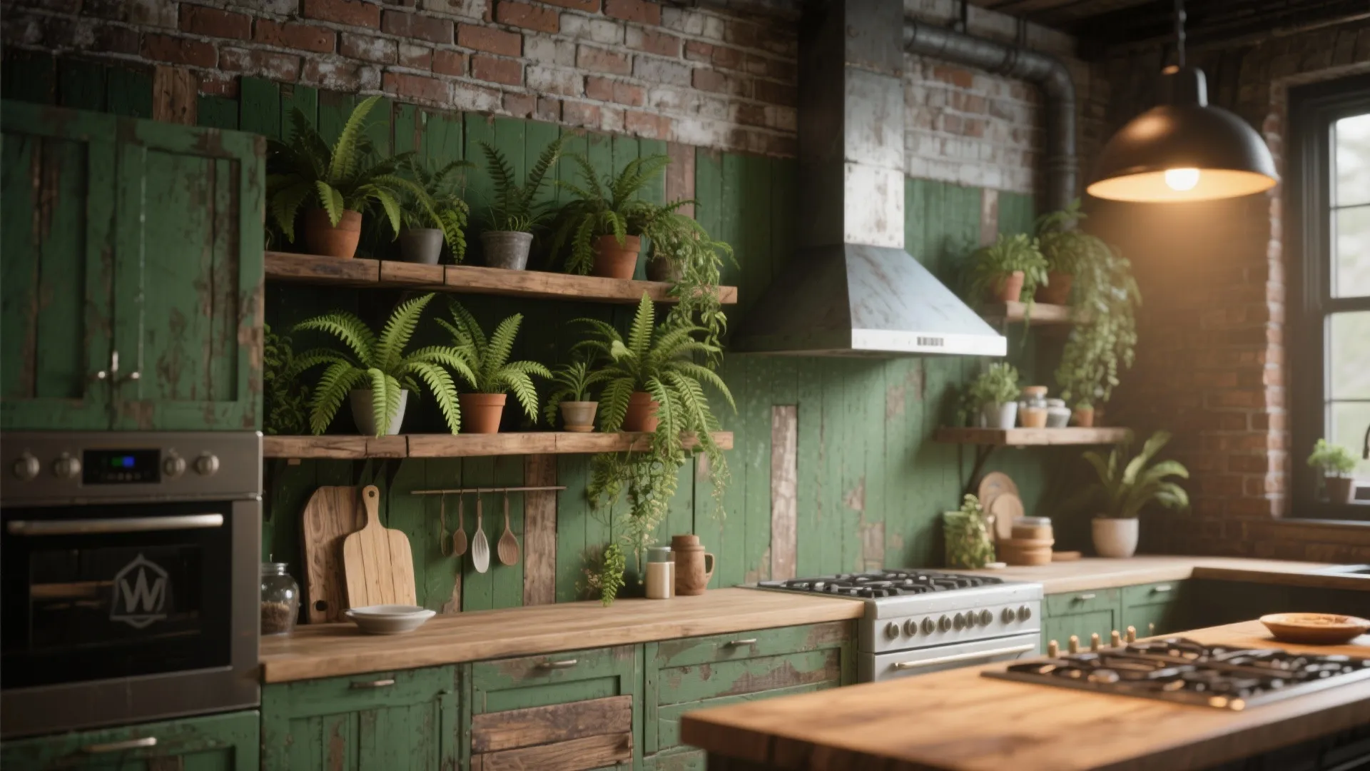 Rustic industrial kitchen with brick walls green wood panels open shelves with many potted plants