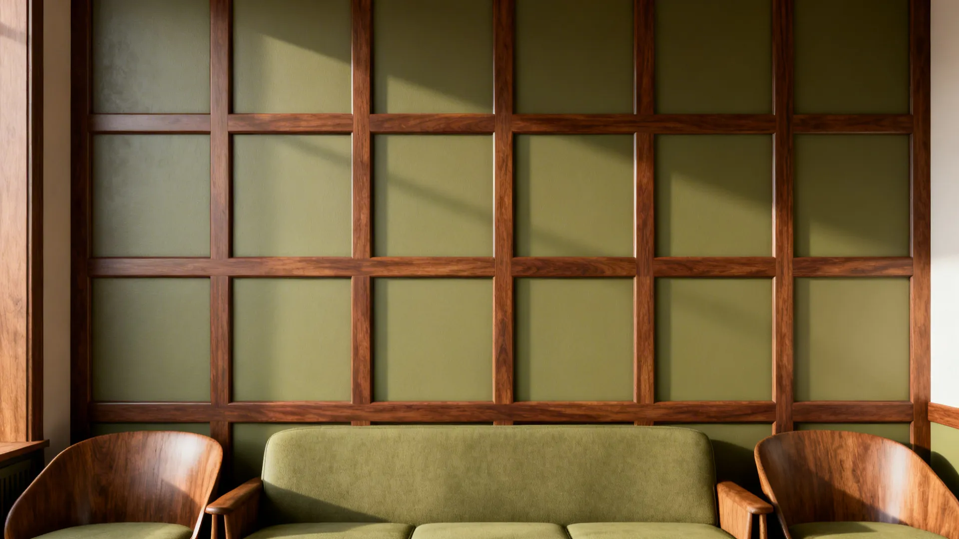 Modern grid wall with walnut trim and muted olive painted panels in a living room