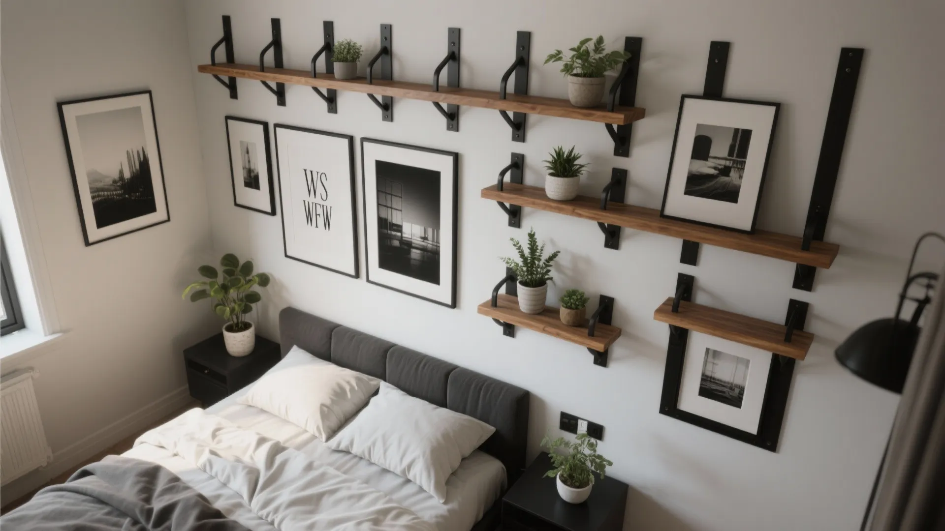 Bedroom wall with wooden wall shelves holding small plants and black framed pictures above bed