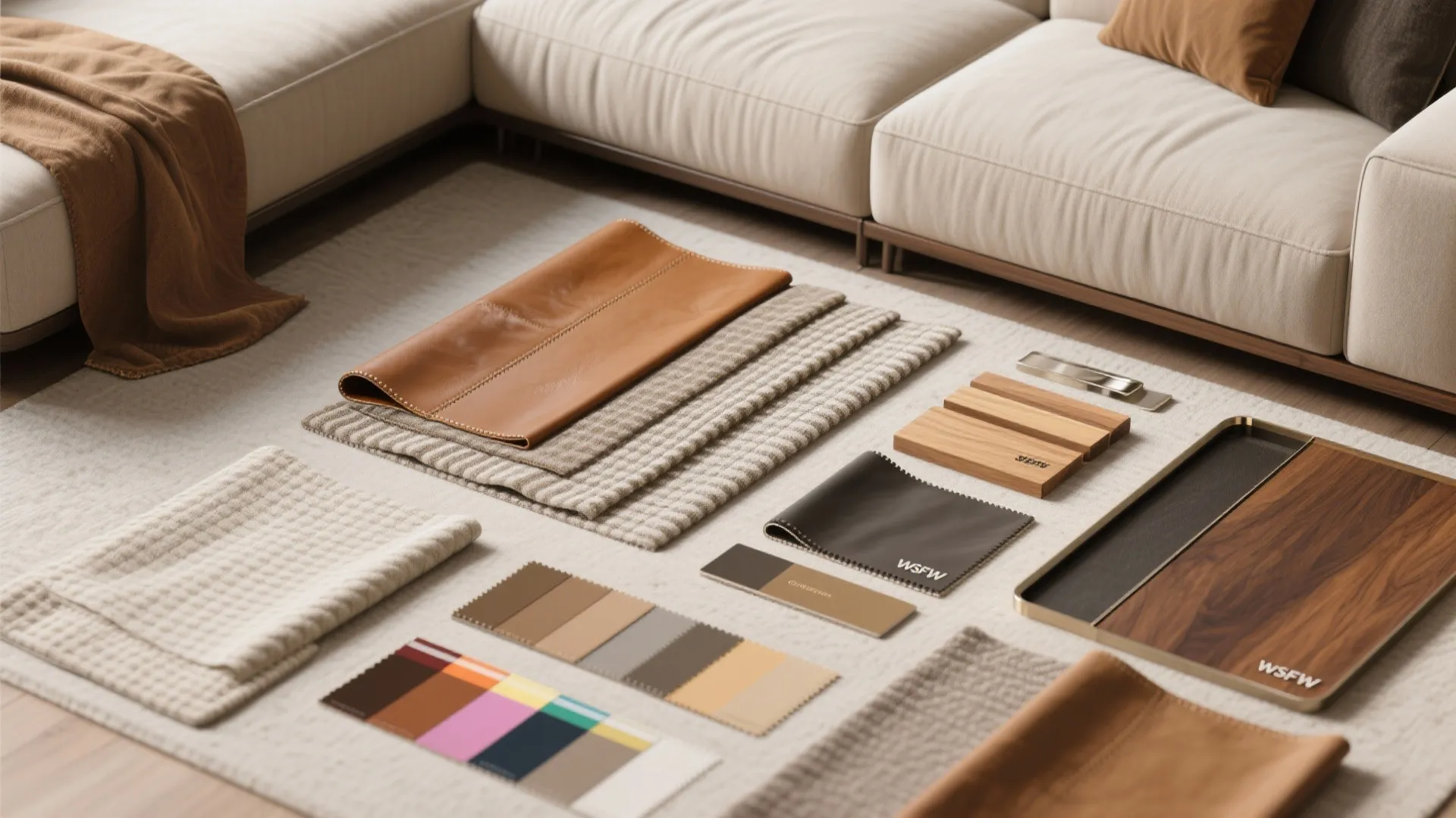 Flatlay showing fabric, leather, wood, and metal accents