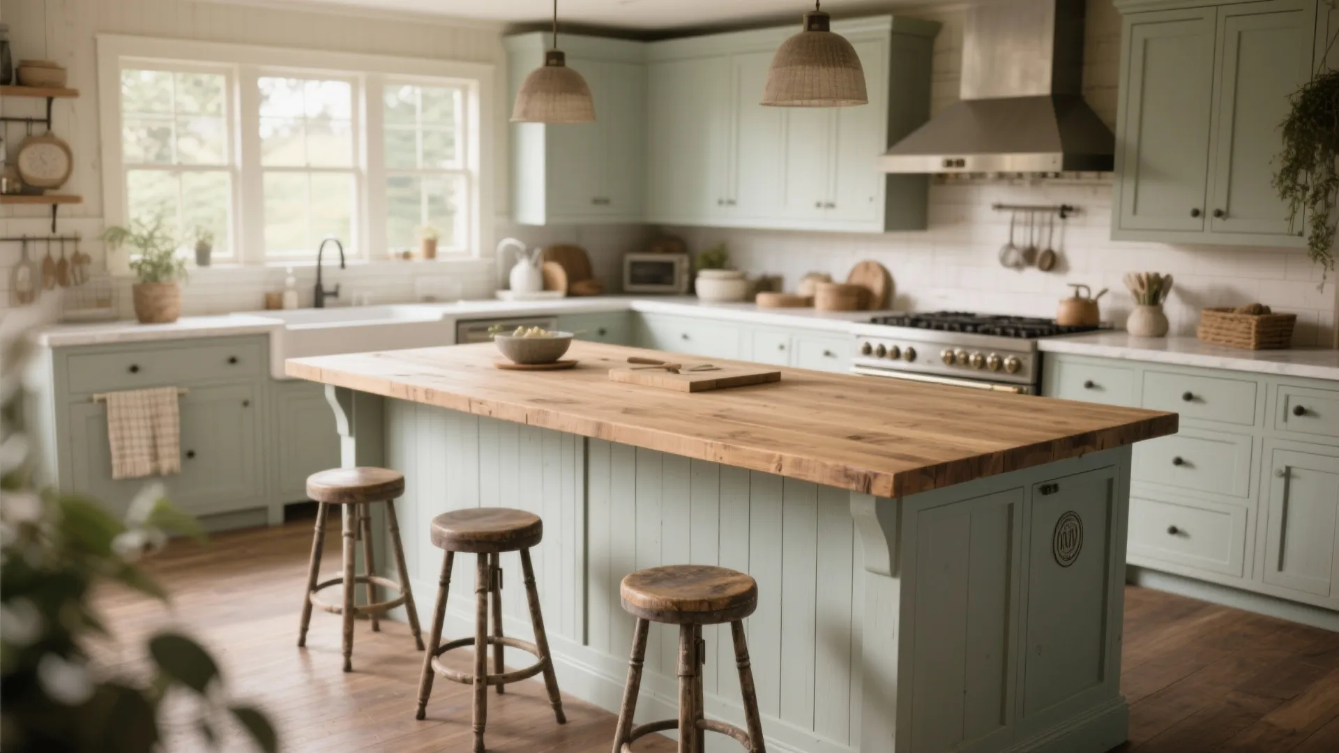 Farmhouse kitchen island with wood top and painted base