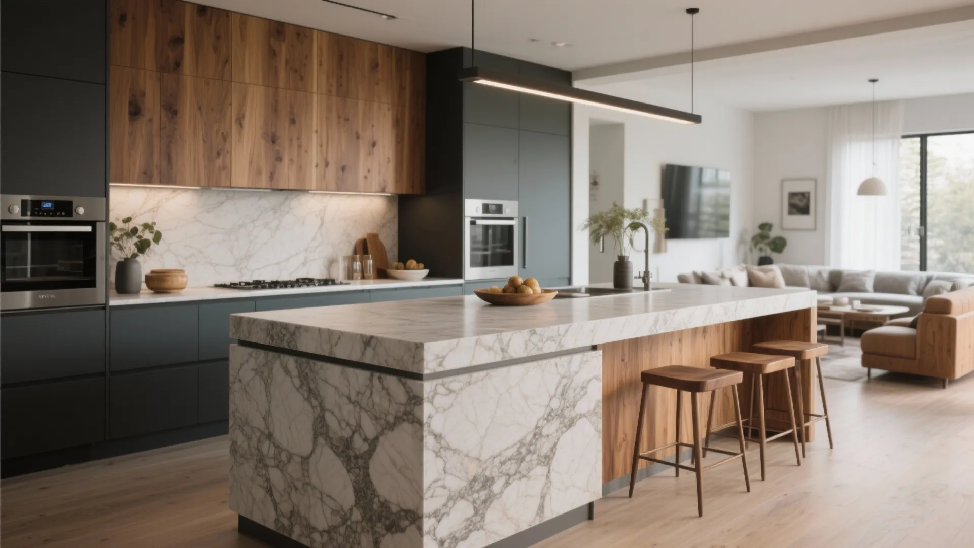 Kitchen with marble island and wood base plus three stools under long black light fixture