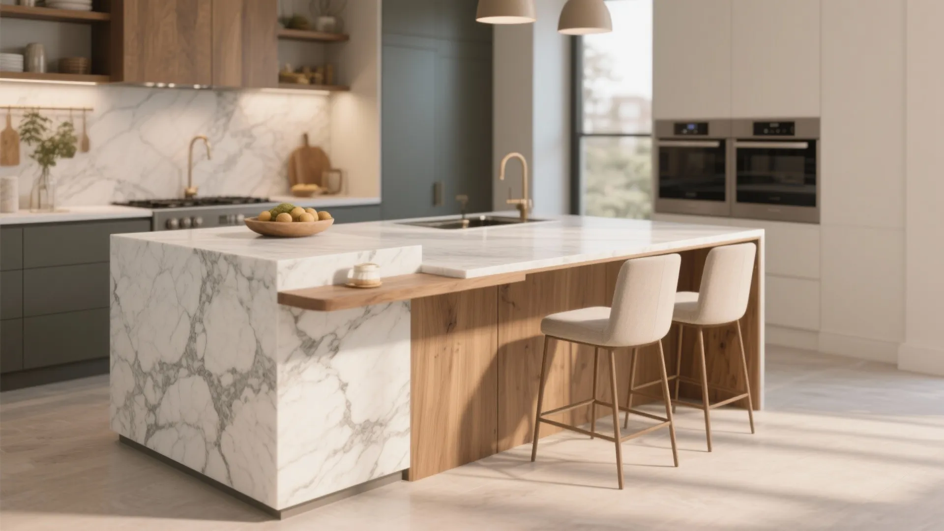Large kitchen island with white marble and wood finish gold faucet and two beige stools