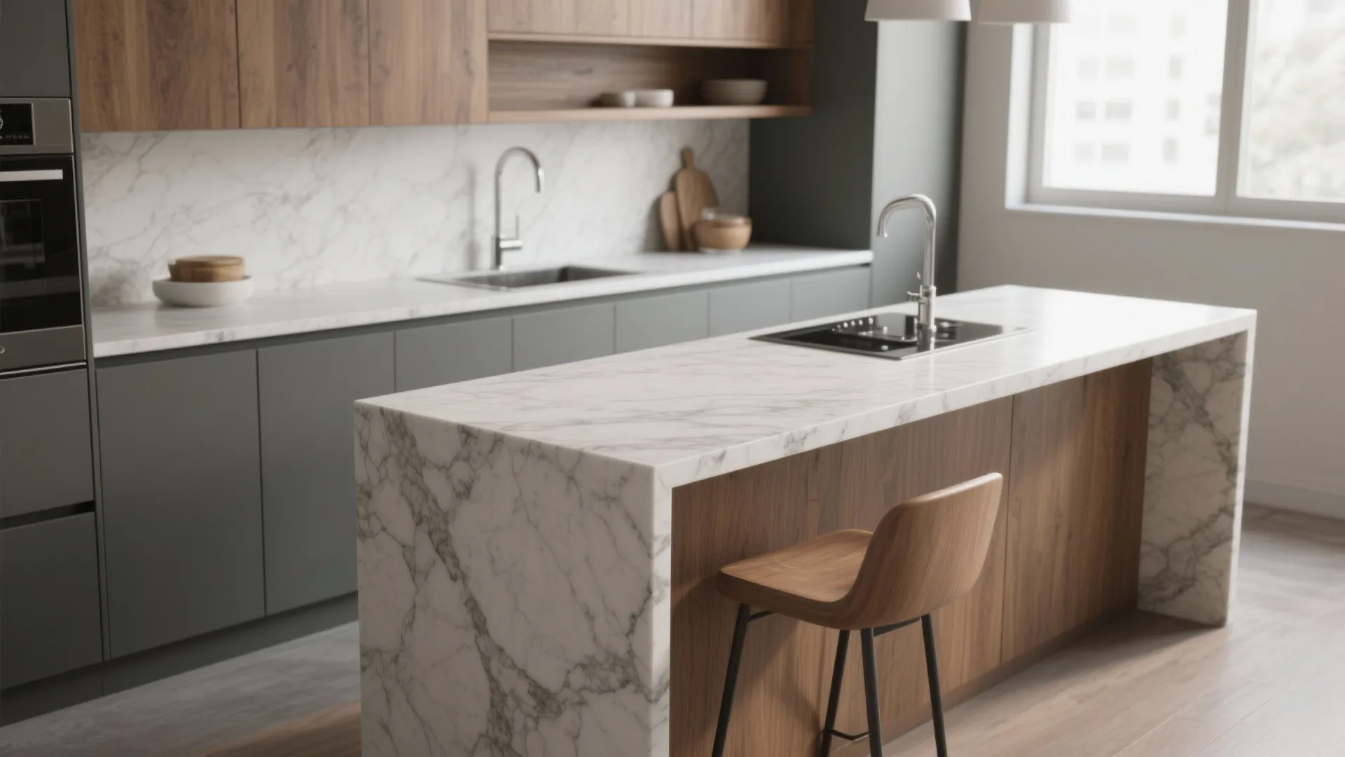 Idea 5: Mixed-material island with integrated seating