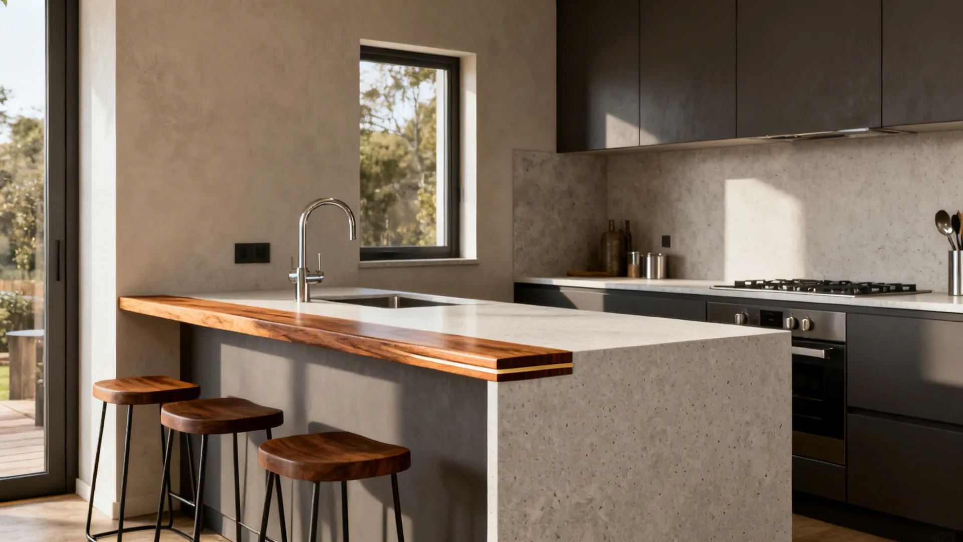 Compact island with a stone prep surface and a warm solid-wood seating edge.