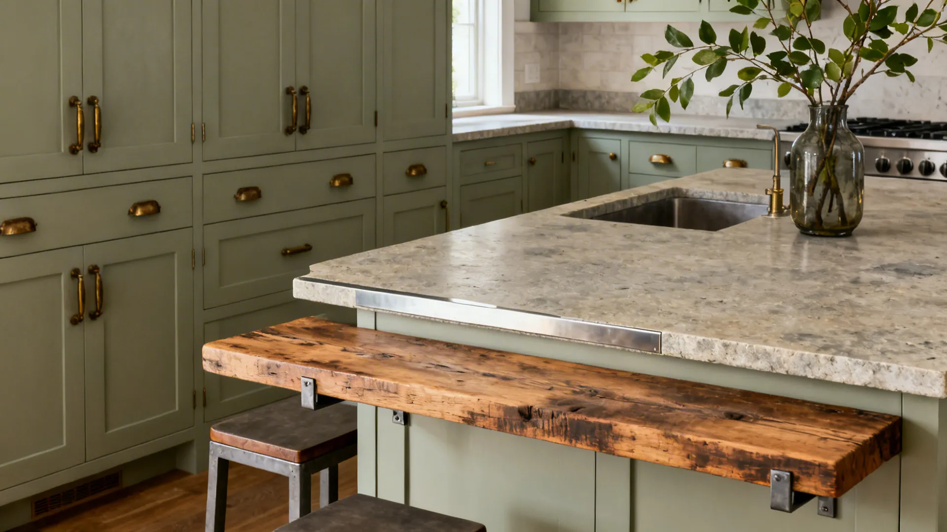 3) Mixed-material island: stone prep zone + reclaimed wood seating