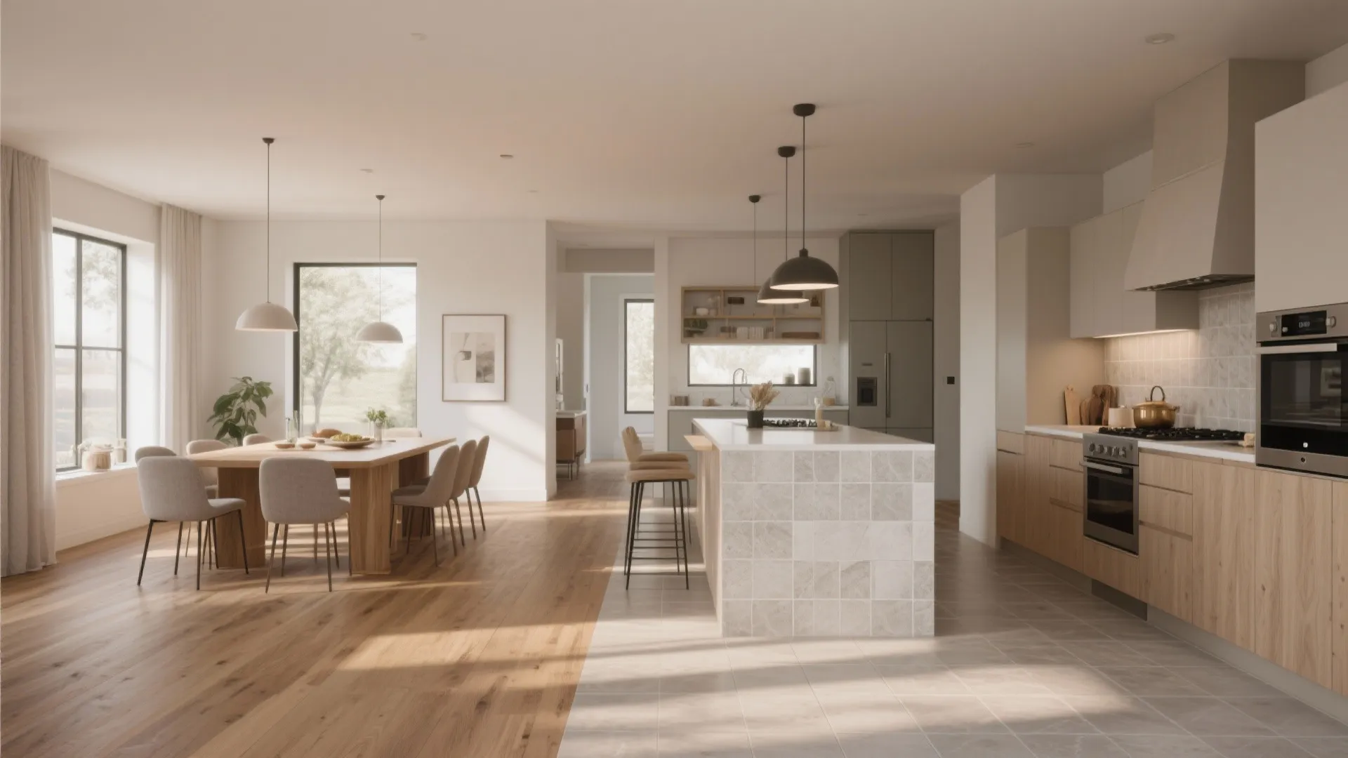 Open plan kitchen and dining area with wood table tiled island wood cabinets and sunlight
