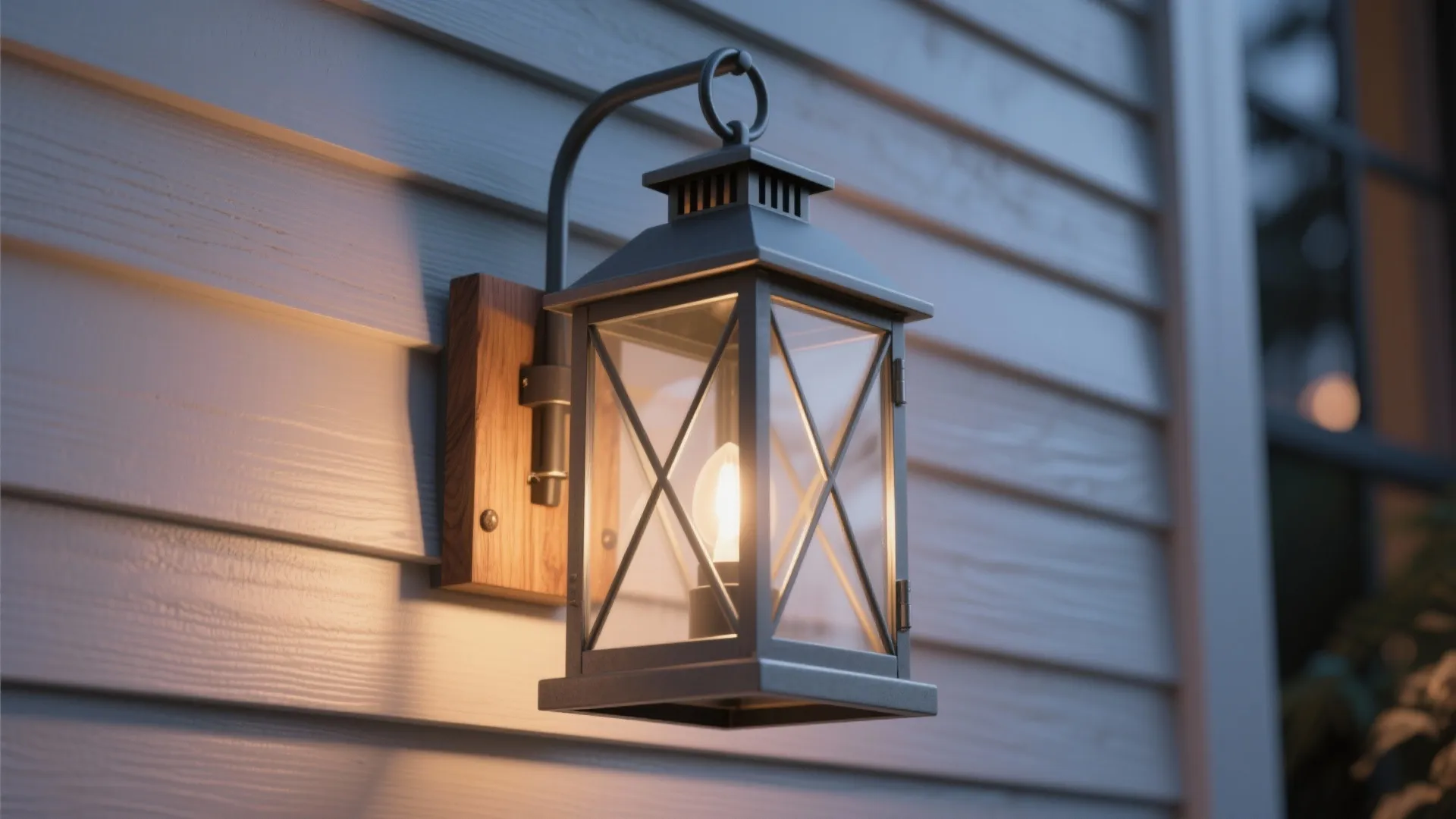 Classic black lantern style wall light with wooden base mounted on white horizontal wall panels