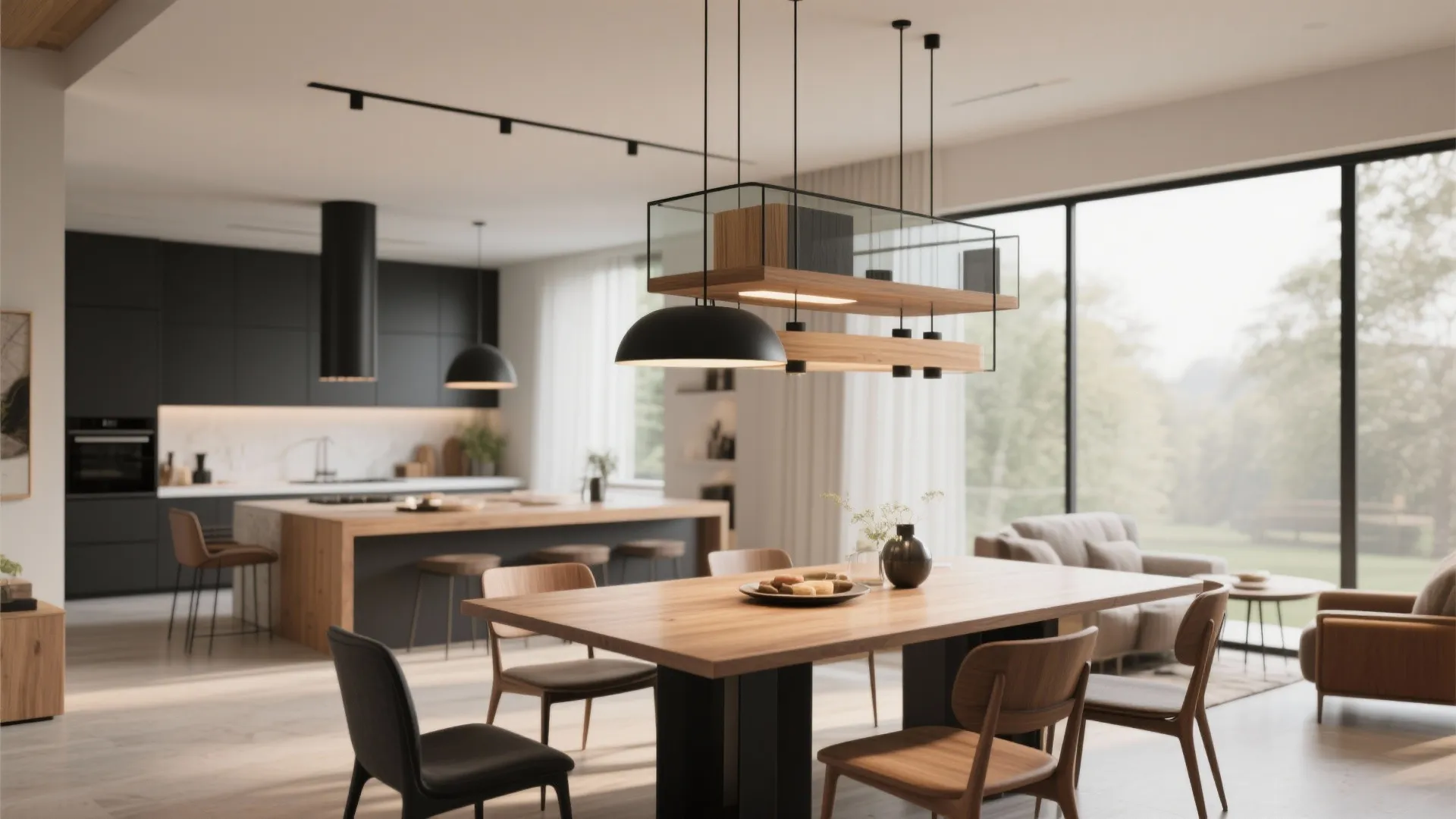 Mixed material dining fixture with wood, glass, and matte black details