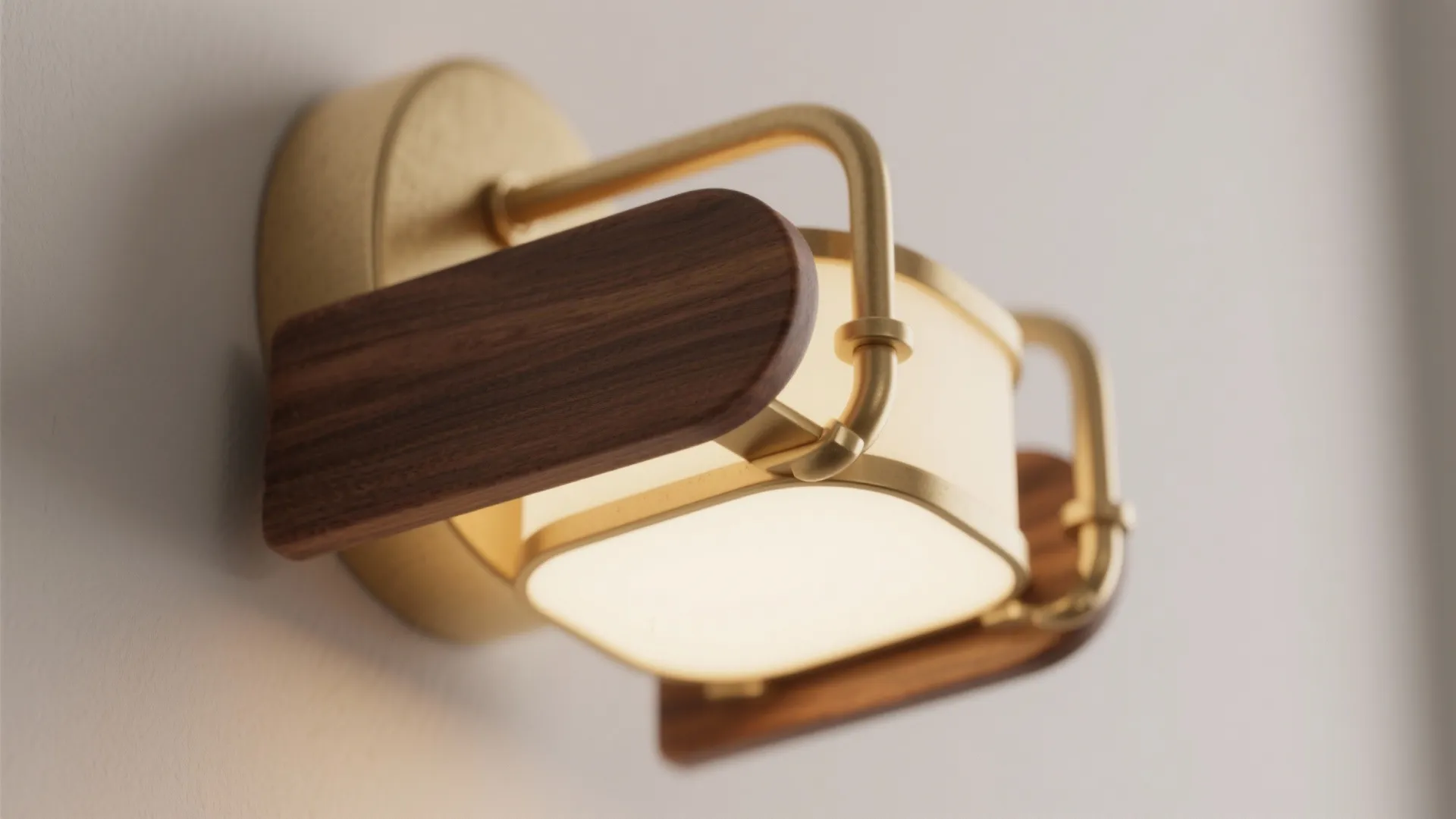 Close-up of light with brass frame and walnut accents