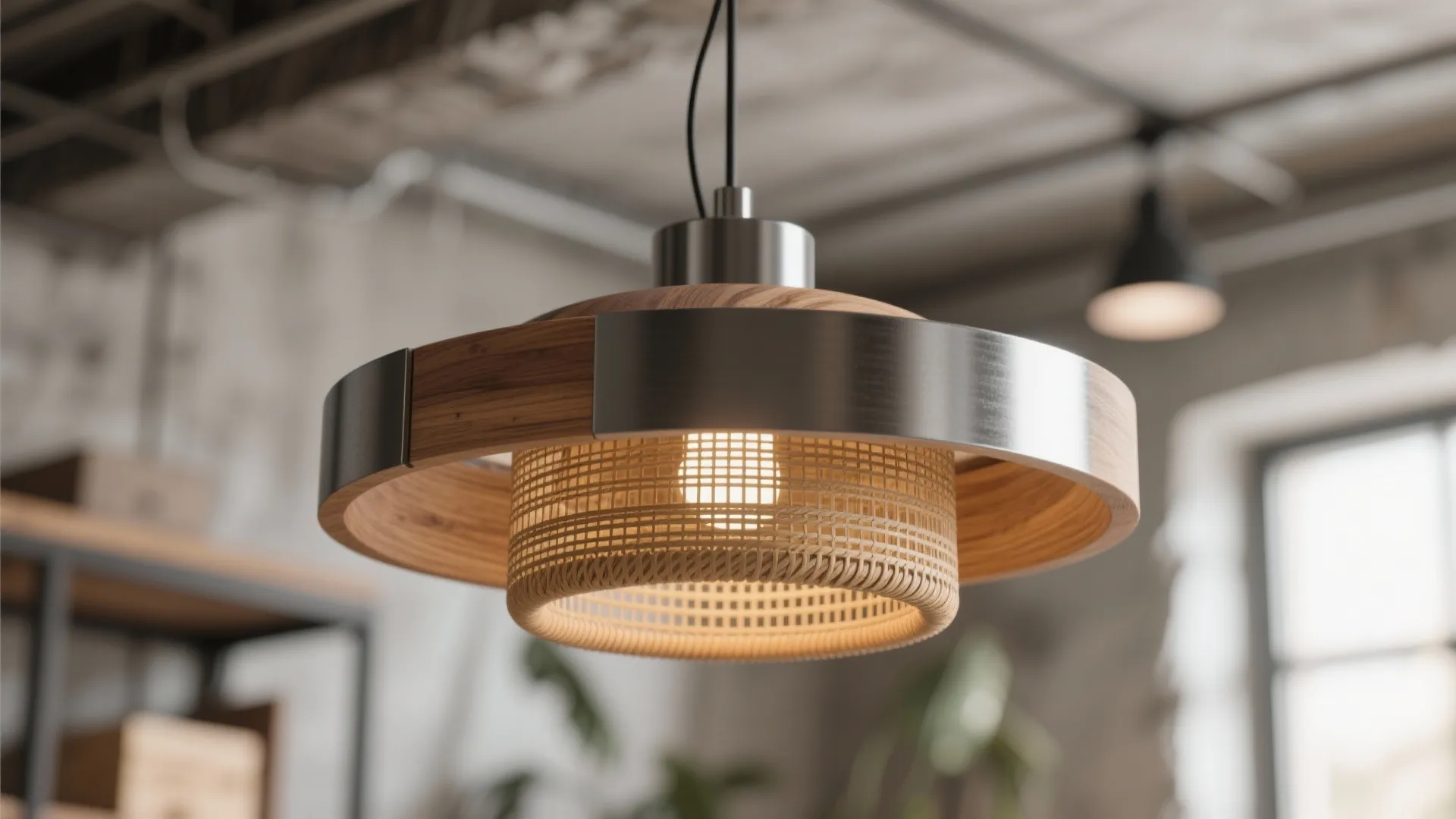 Close-up of pendant light mixing wood, metal, and rattan