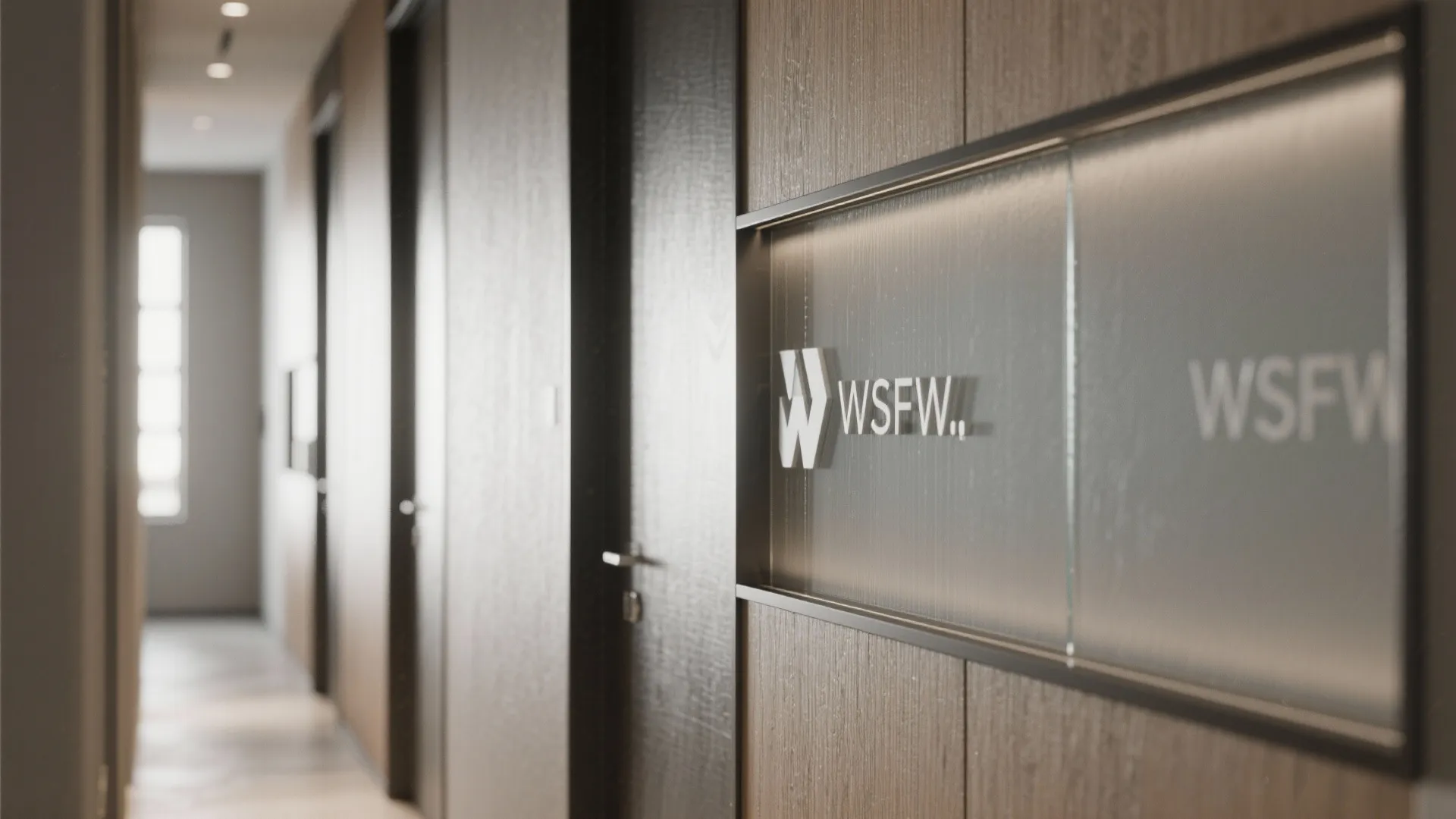 Modern office hallway design with wood wall panels glass sign board and dark wooden doors