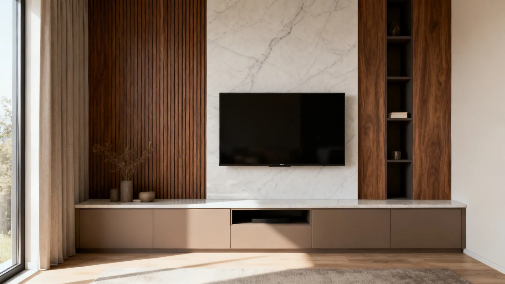 Media wall with porcelain slab, walnut panels, and matte taupe lacquer storage.