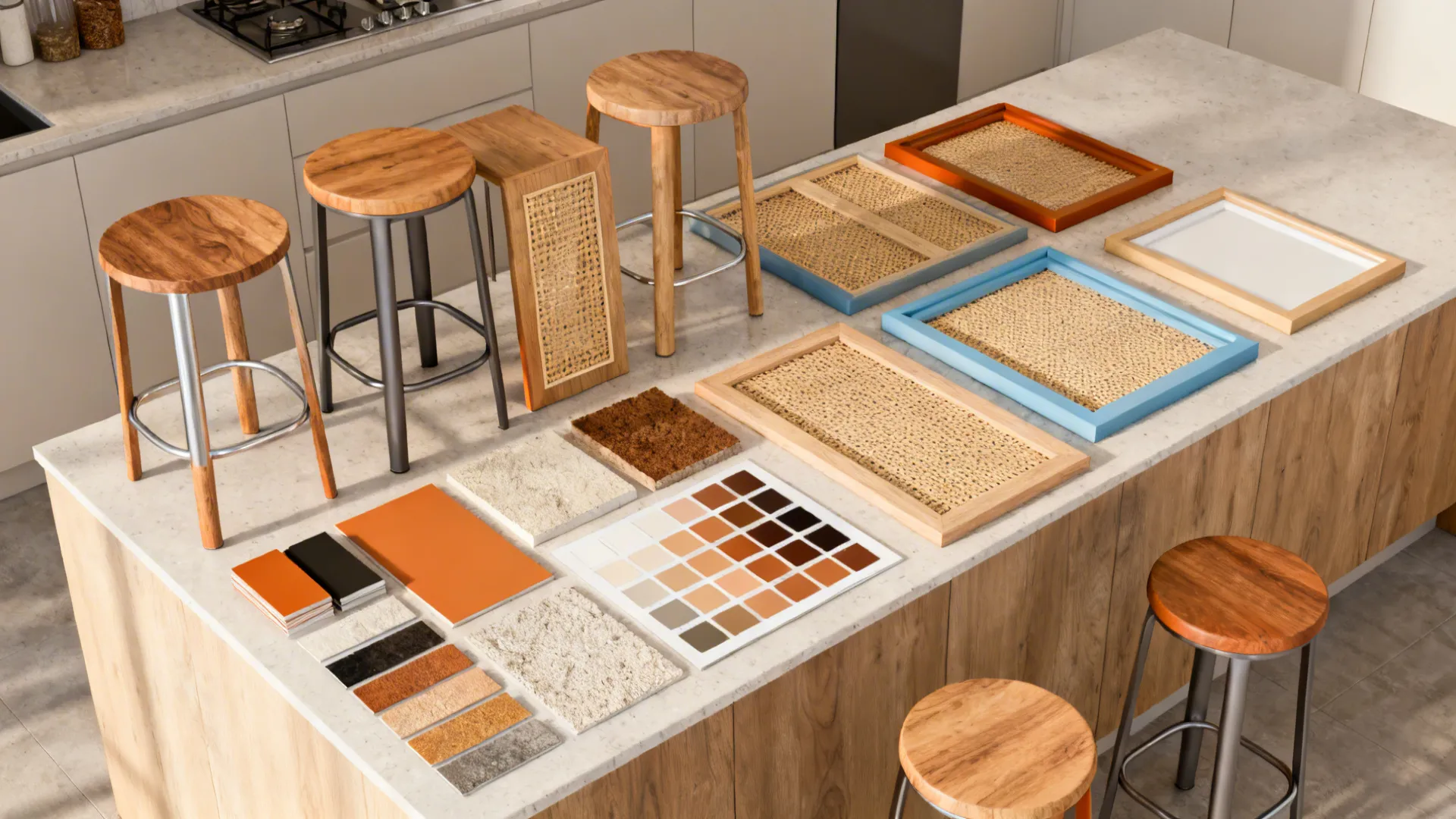 Flatlay of mixed stool materials and color swatches for a cohesive eclectic look.
