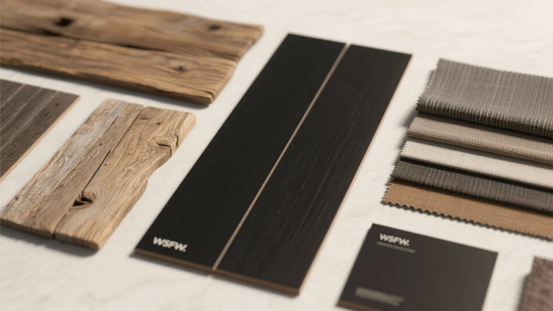 Interior design mood board featuring wood panels black tiles various fabric swatches and color samples