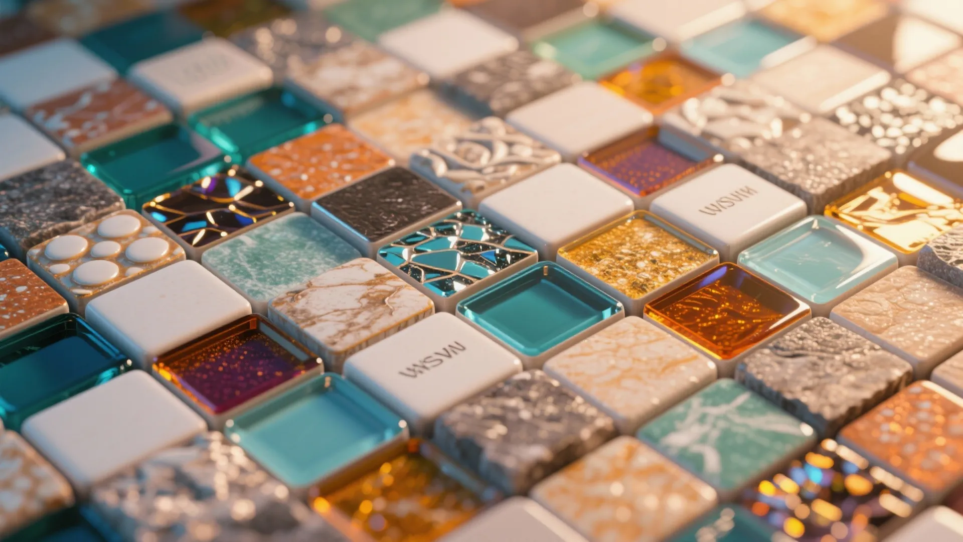 Close up of colorful square mosaic wall tiles with glass marble and textured stone finishes