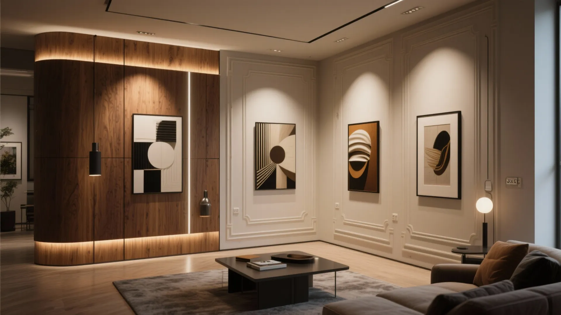 Modern living space with wood and metal wall mouldings under ambient light.