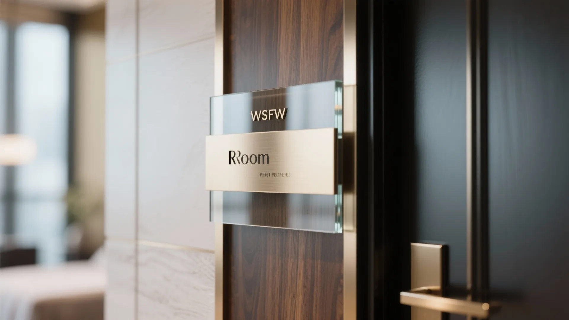 Modern wood and glass office door sign with gold metal plate on dark wood surface