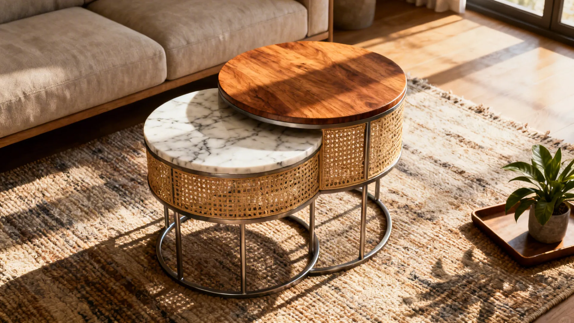 Layered nesting tables with marble, rattan, and wood tops creating textural contrast