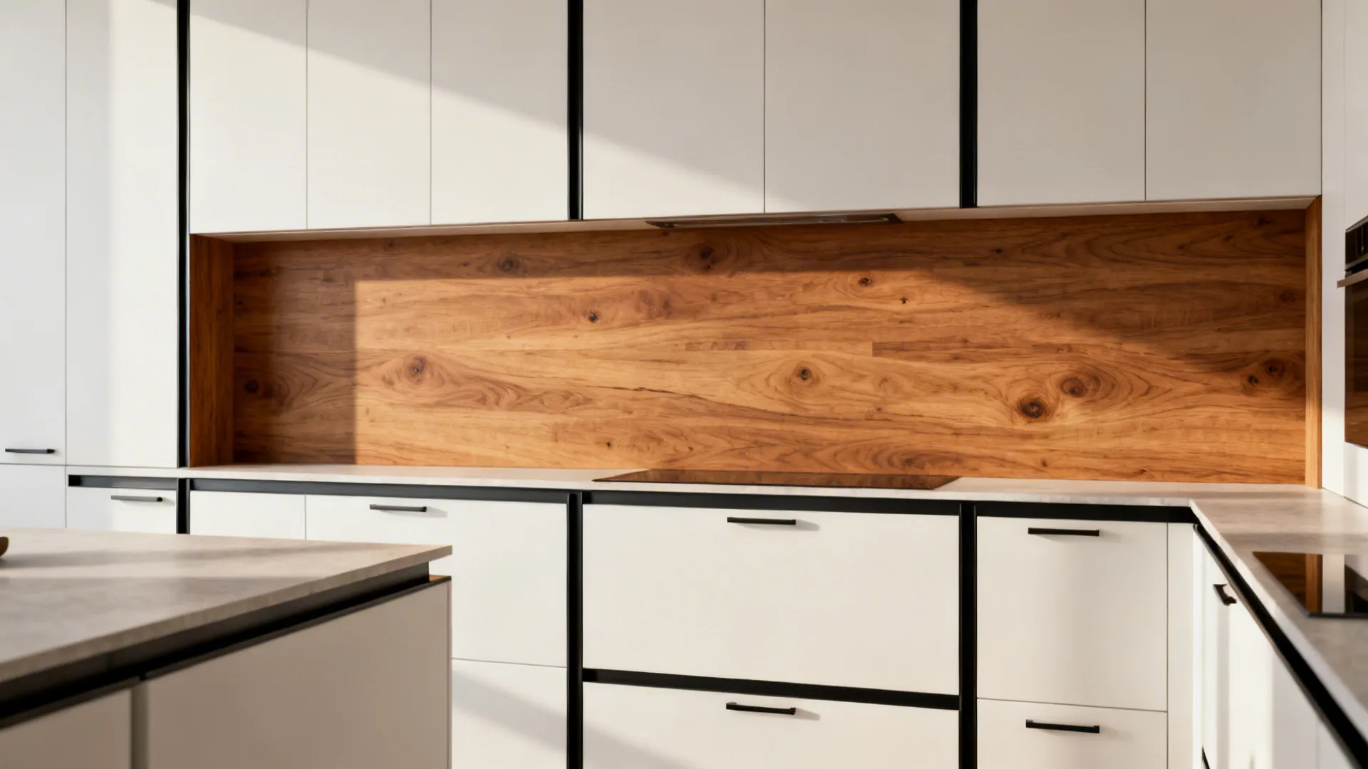 Overhead cabinets mixing oak veneer with matte laminate and slim black metal trims.