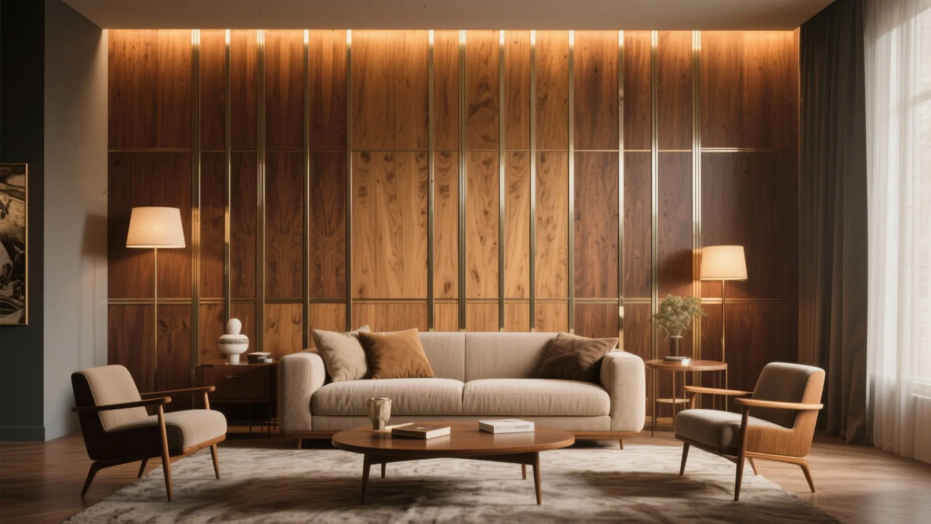 Modern living room featuring wood wall panel design with gold metal strips and beige sofa furniture
