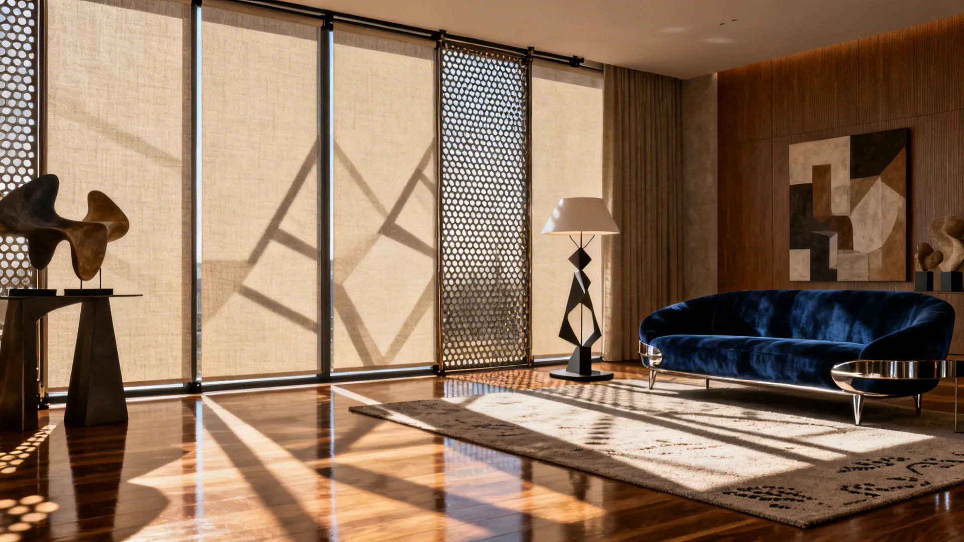 Wide living room with alternating linen panels and perforated metal screens casting patterned shadows