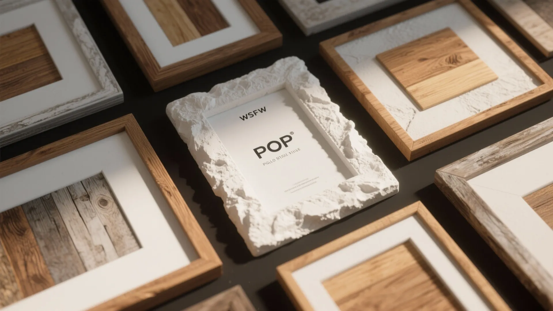 Various picture frames with wooden and textured white stone patterns placed on a dark surface