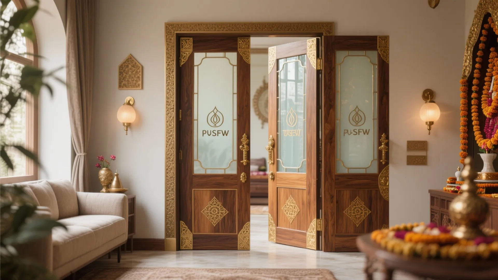Traditional wooden doors with gold details leading to a prayer room with a white sofa