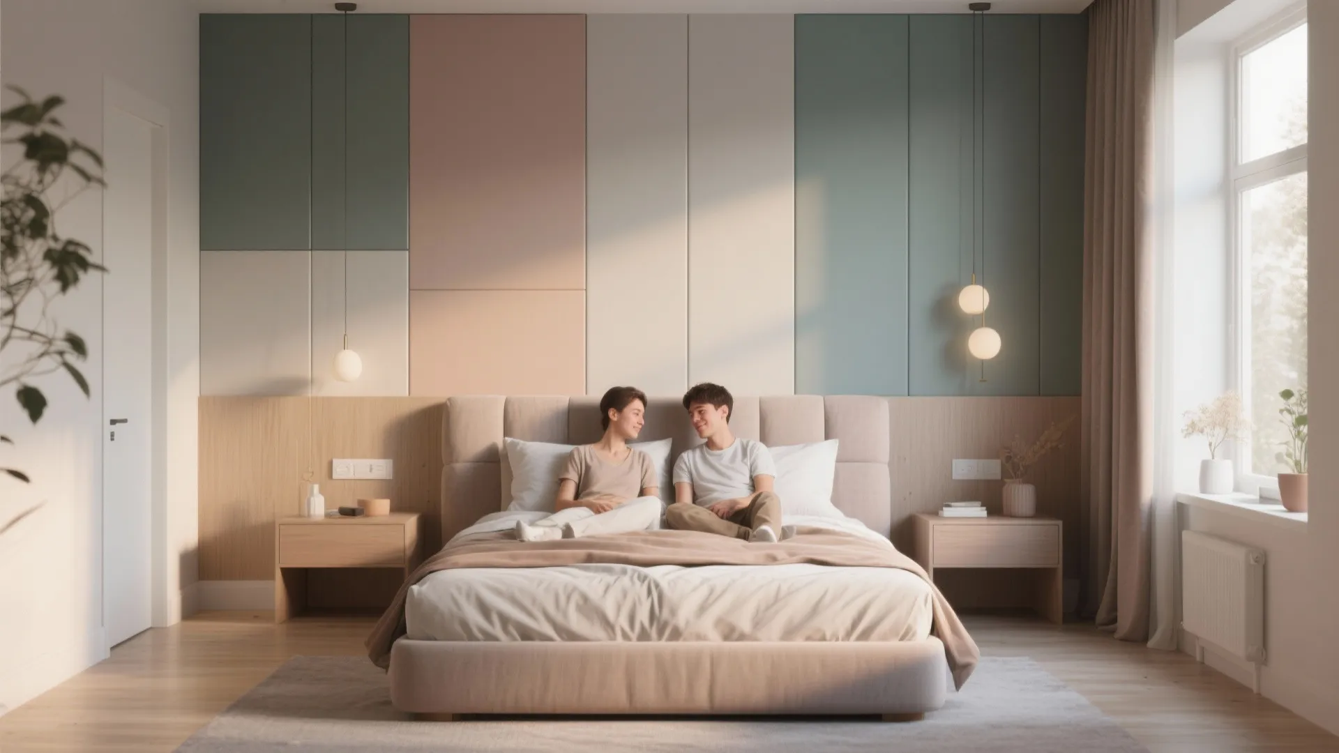 Couple sits on bed in modern bedroom with colorful wall panel design and hanging lights