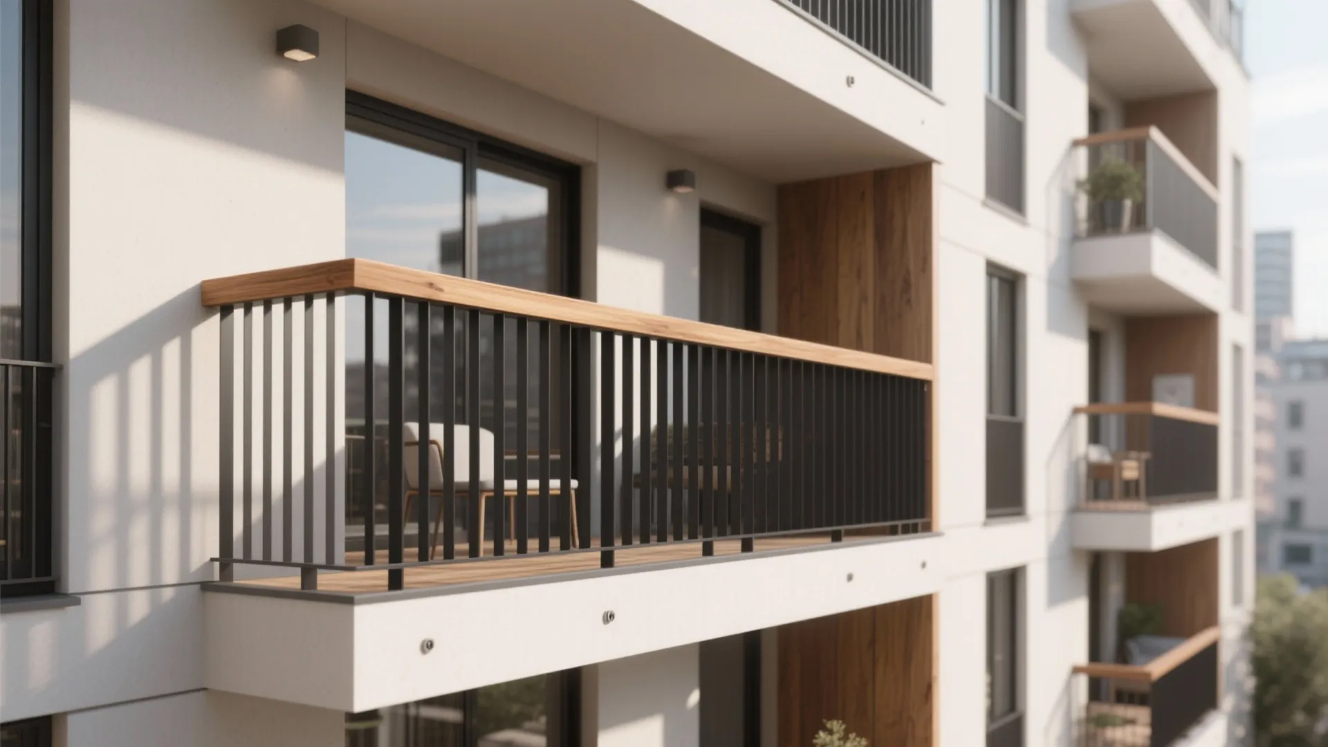 Mixed-material rail: wood cap + dark metal posts