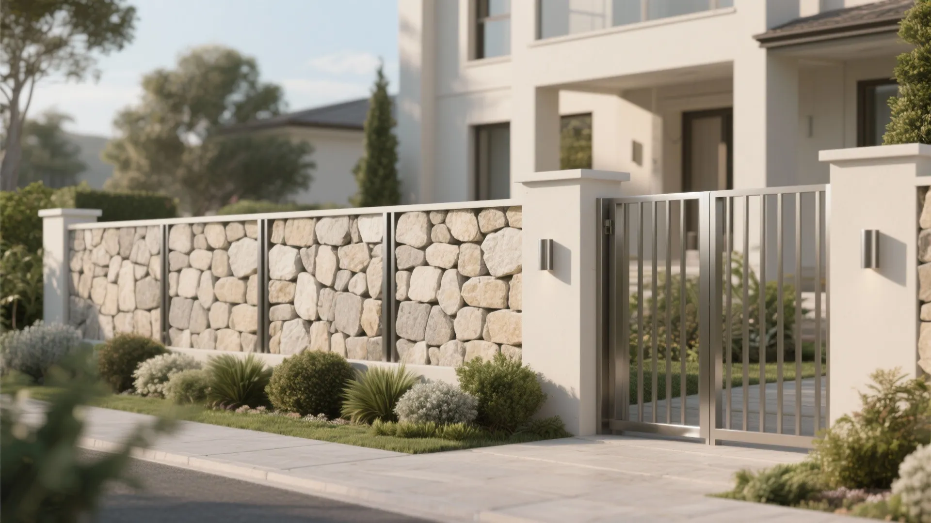 Front yard with natural stone wall fence and a metal gate leading to white house