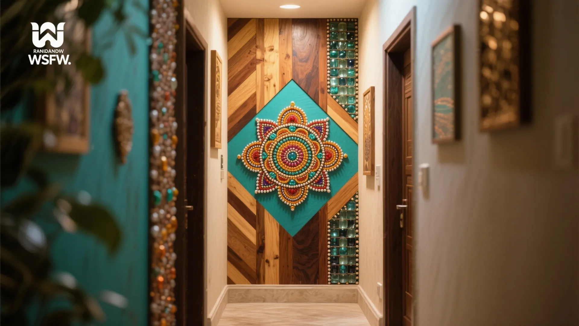 Colorful floral wall art piece in a hallway with wooden panels and glass bead wall decor