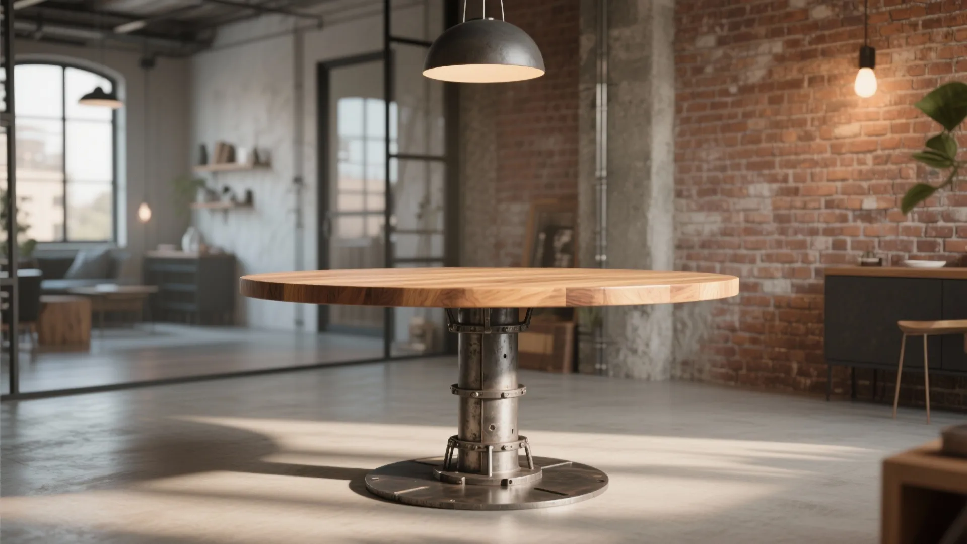 Industrial round wooden table with metal base inside a room with a red brick wall