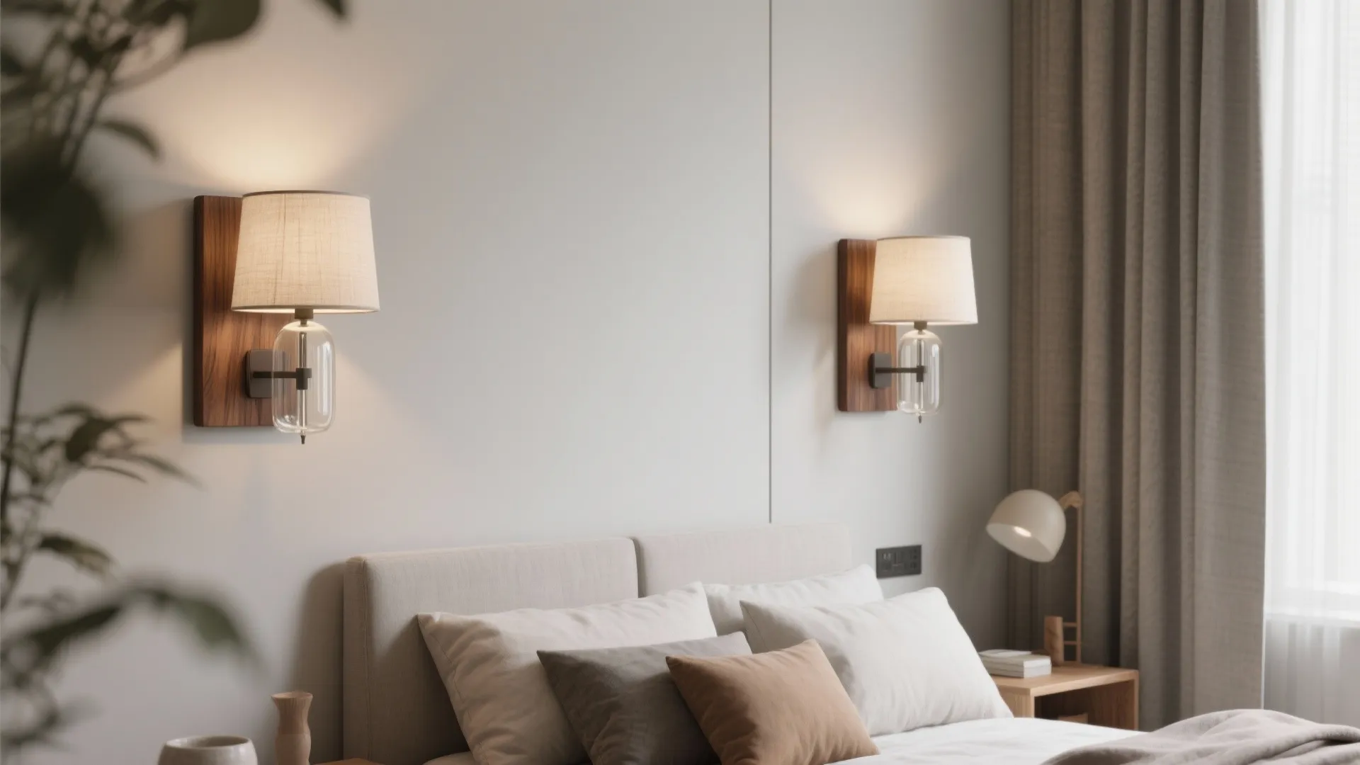 5) Mixed-material sconces: wood, linen, and glass for warmth