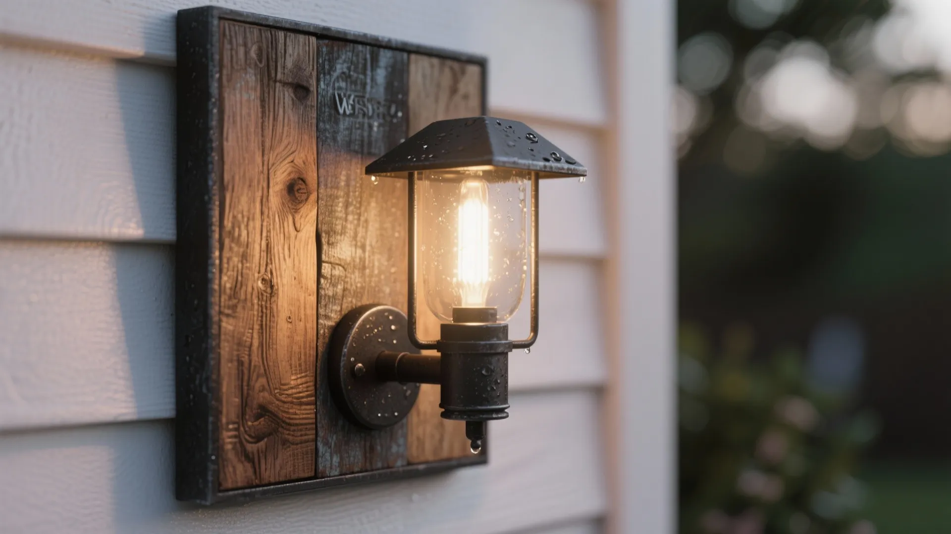 Mixed-material sconce with reclaimed wood backplate and metal fixture on an exterior wall.