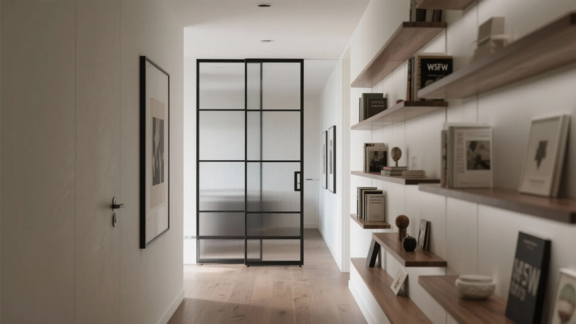 Layered partition with slim steel, smoked glass, and oak shelves floats above the floor in a narrow hall.