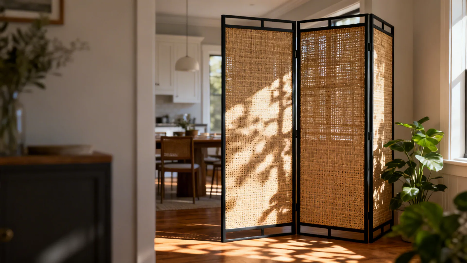 Movable metal frame screen with woven rattan panels separating living and dining in a condo.