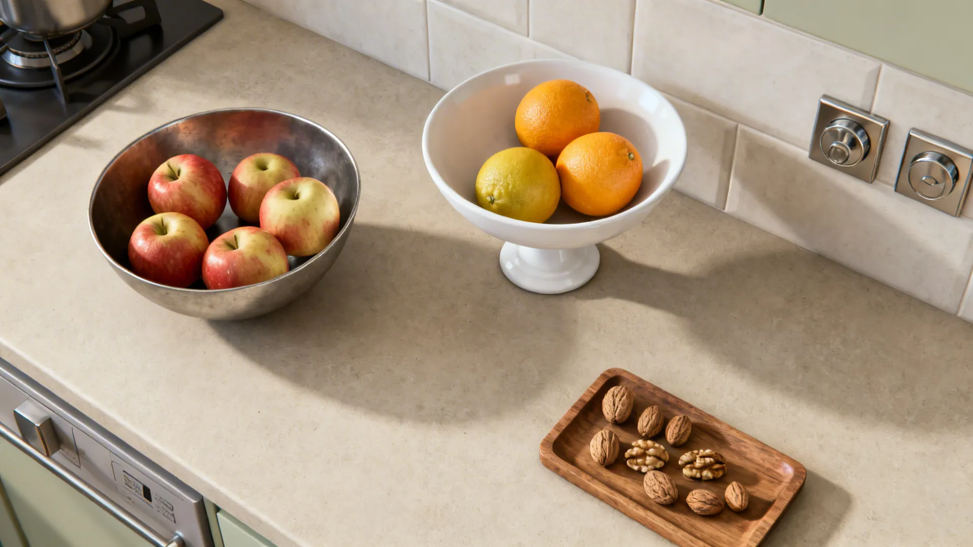 Top-down flat lay of metal, ceramic, and wood bowls zoning fruit and snacks.