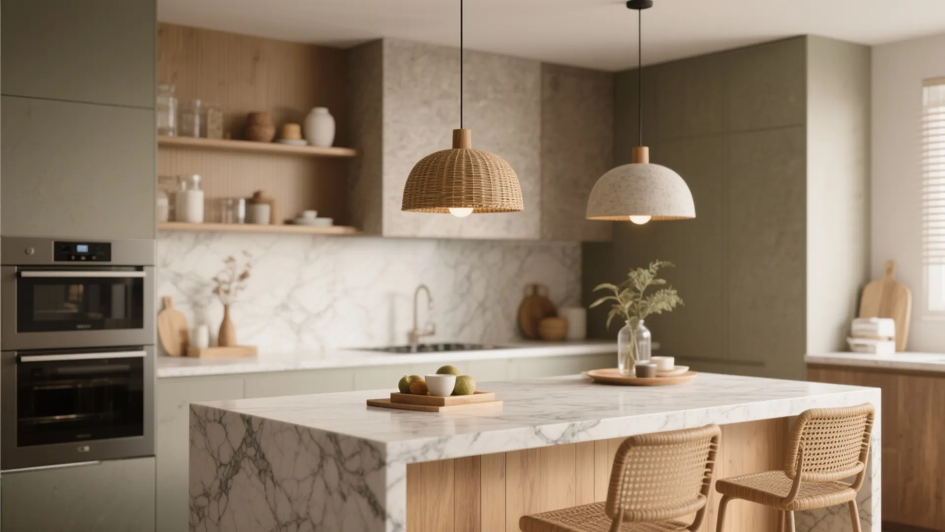 Modern kitchen with marble island and two dome ceiling light fixtures above the breakfast bar