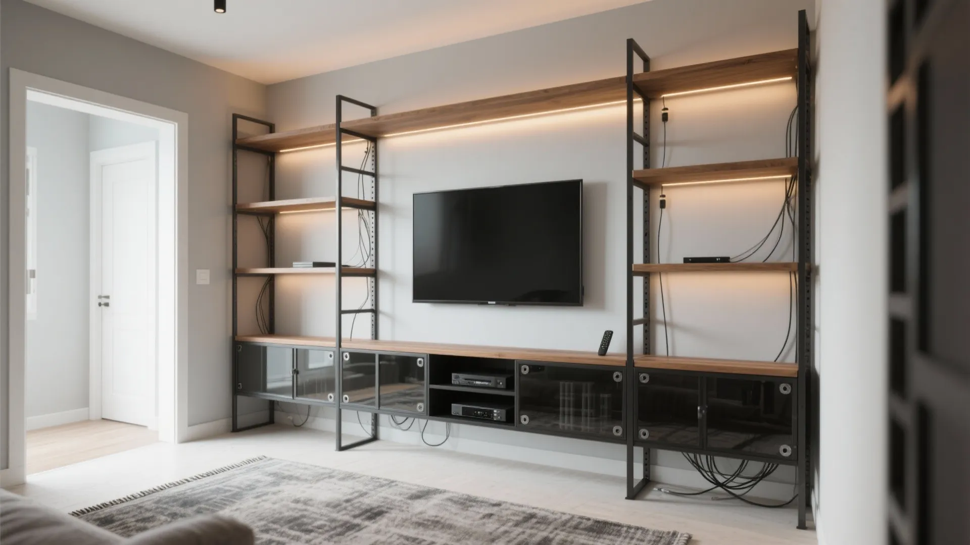 Mixed-material media shelf: metal, glass, and wood