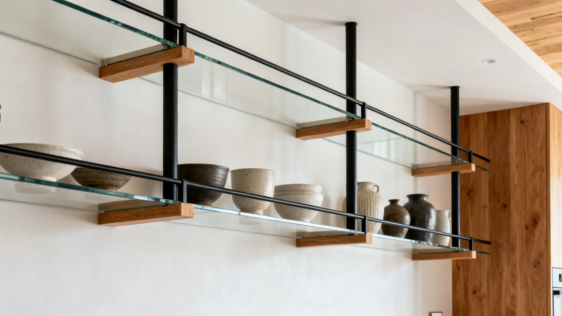 Wall shelves made of glass and wood with black metal supports holding various ceramic bowls