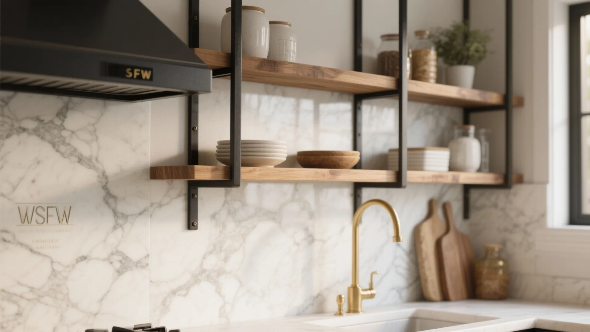 Wooden shelves with metal brackets and marble backsplash