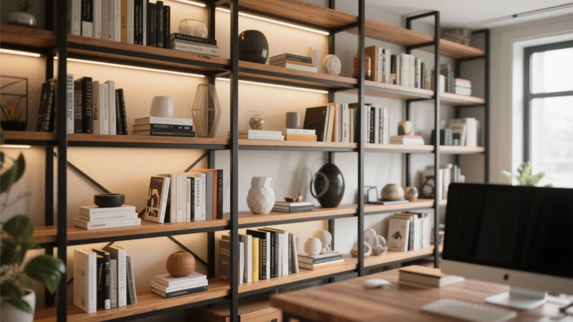 Modern wooden bookshelves with black metal frame light fixture books and decorative vases on shelves