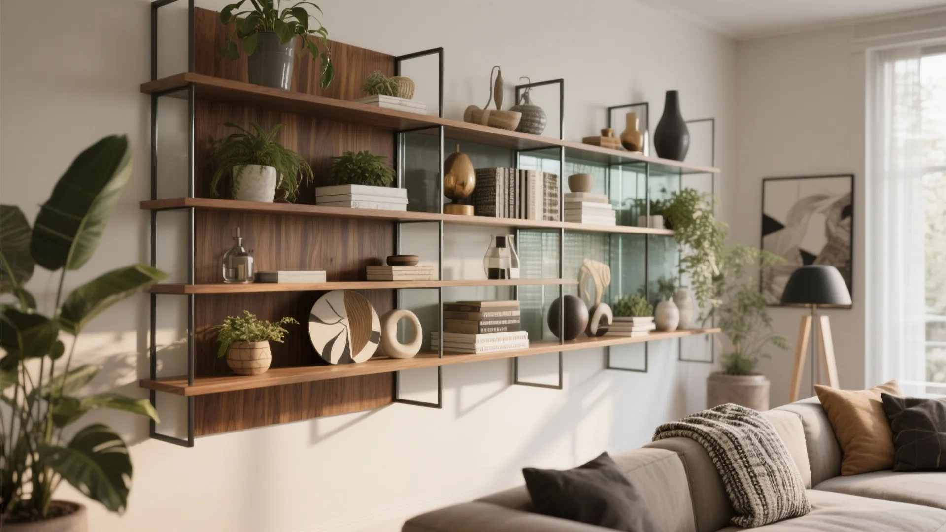 Living room shelves with wood, metal, and glass layers decorated with plants and art