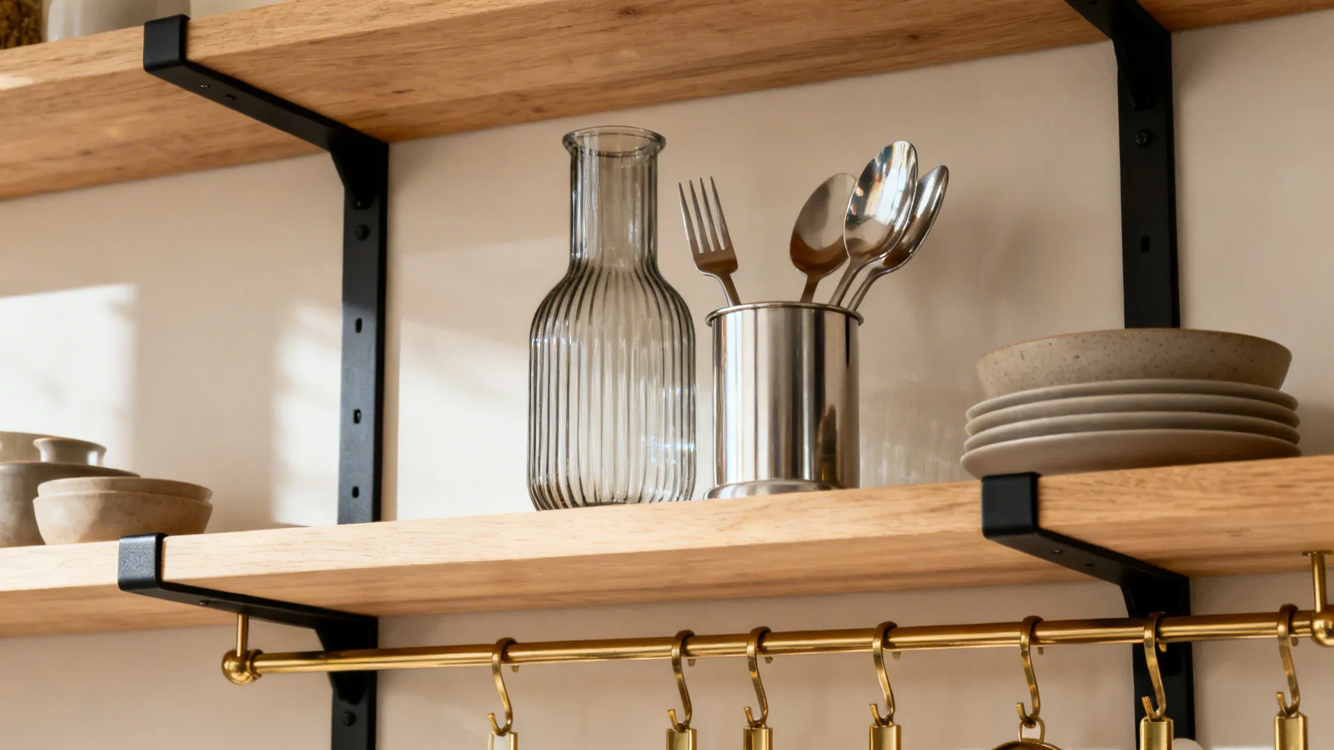 Open shelves mixing light oak, matte-black brackets, brushed metal, and ribbed glass accents.
